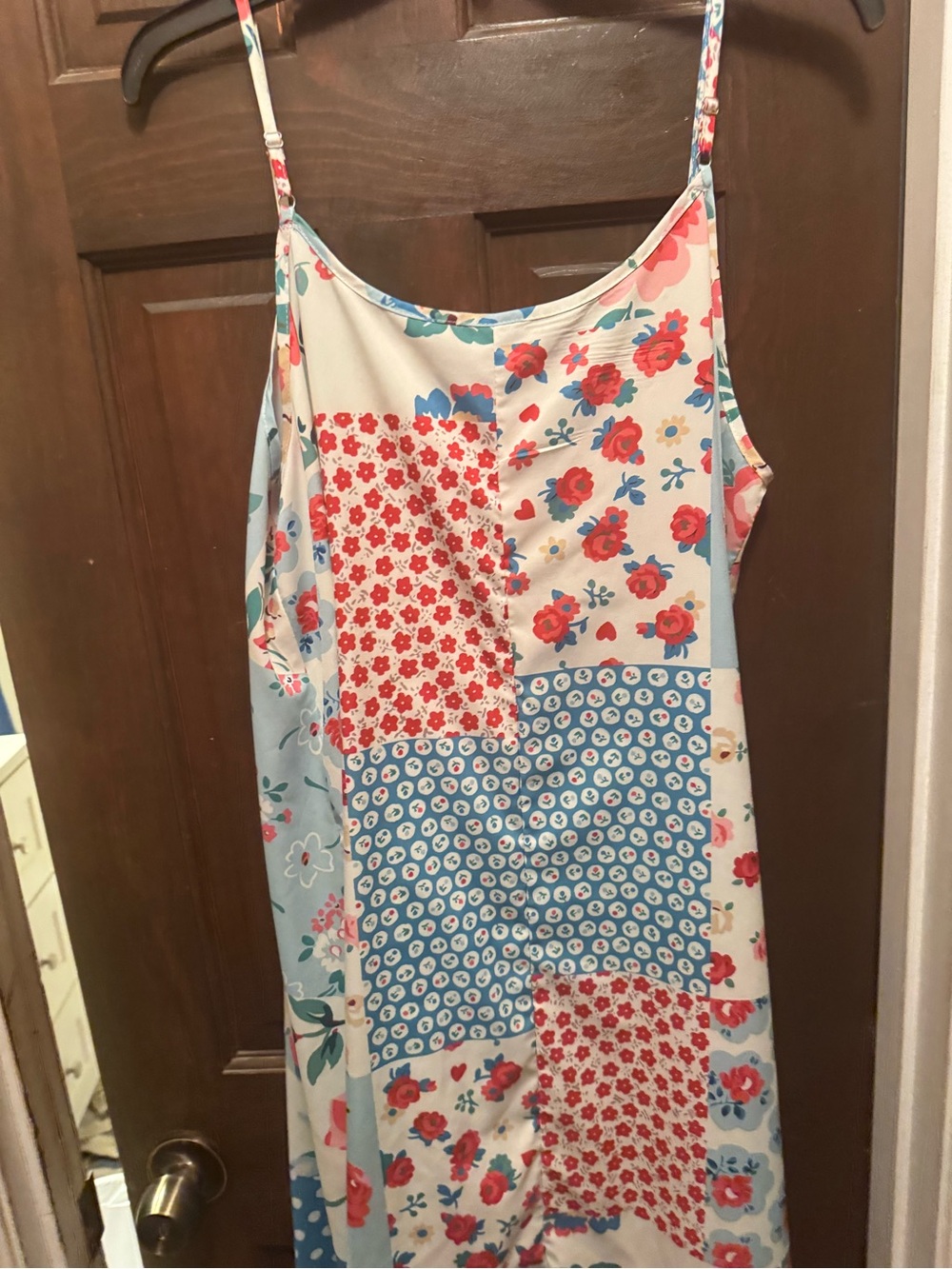 Women’s XL Spaghetti Strap Floral Patchwork Slip Dress — Coral & Sky Blue